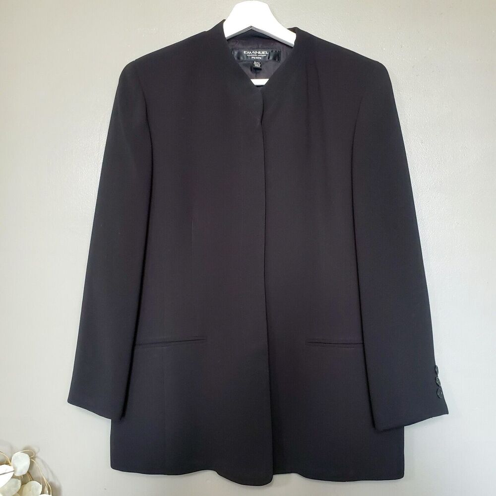 Emanuel Ungaro Womens Blazer Petite Size 8 Black Hidden Button Up Jacket